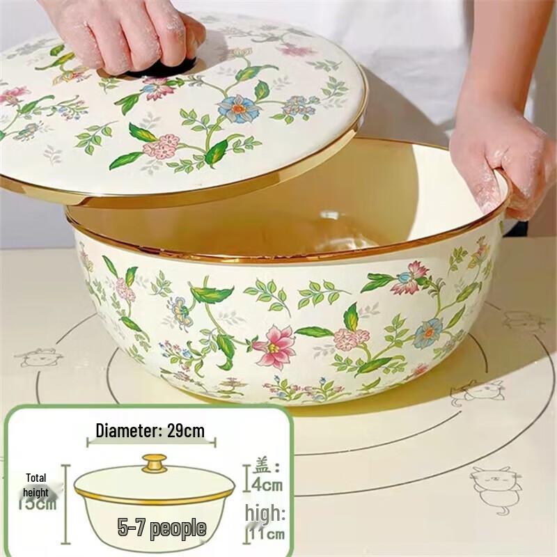Ningzhao 26cm Enamel Dough Proofing Bowl with Floral Lid