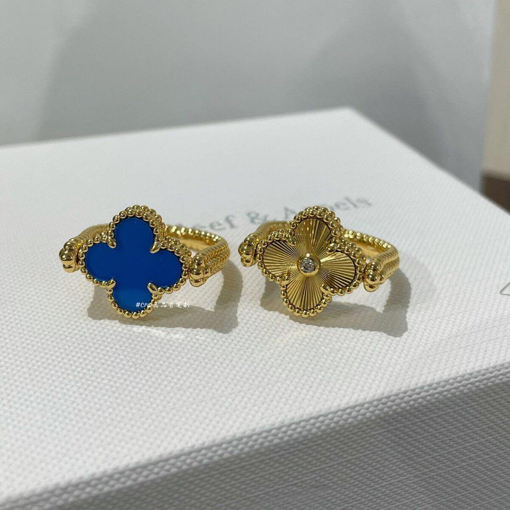 18K Rose Gold Double-Sided Ring: Red and Blue Agate Four-Leaf Clover Flip Design