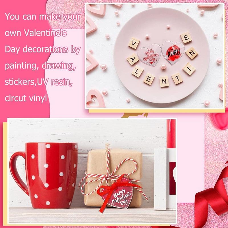 60x Acrylic Blank Clear Valentines Day Ornament with Hole Heart Slices Red Ribbon for DIY Craft Engraving Tags Wedding