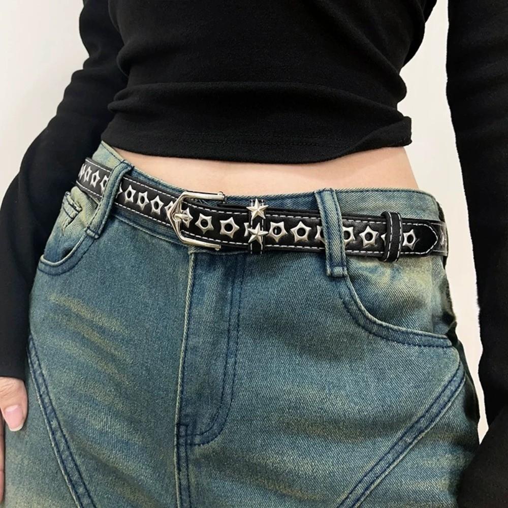 Star Eyelets Women's Jeans Belt Metal Buckle Girls Rivet Waistband Y2K Star Waist Belts Female