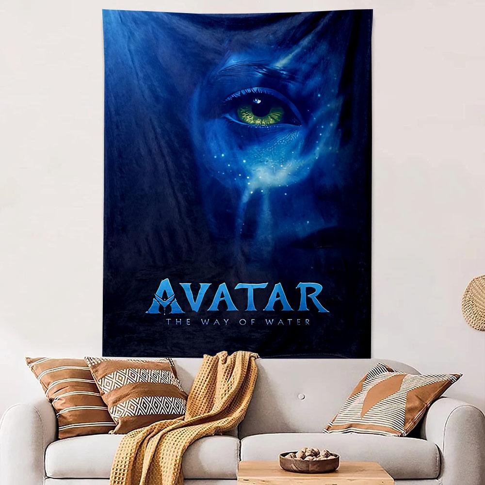 A glowing blue face with bright yellow-green eye and star-like spots. Patterned tapestry for bedroom and living room home decor
