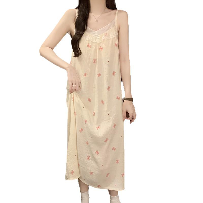 2026 Women's Cloud Cotton Spaghetti Strap Nightgown with Chest Pads, Sweet Long Dress for Home or Outdoors