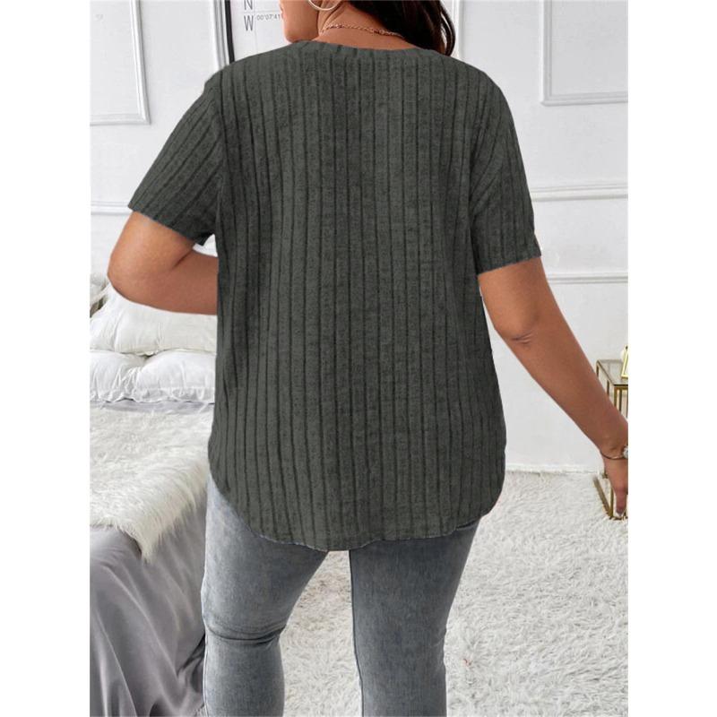 Spring Summer Women's Tops Solid Color V-neck Loose Pit Stripe Brushed Short Sleeved T Shirt