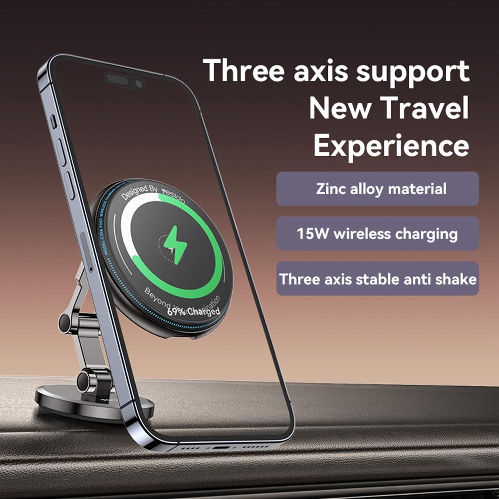 

YESIDO C306 15W Magnetic Phone Wireless Charger Zinc Alloy Car Dashboard Phone Charging Stand Type A
