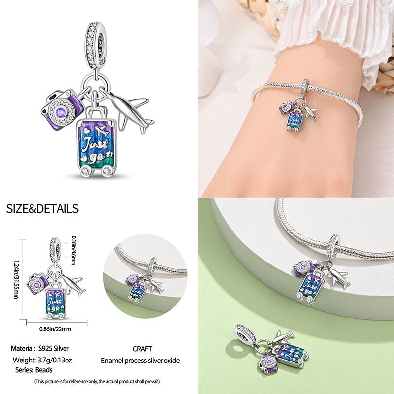 Authentic Original 100% Copper Metal Luggage Airplane Passport Summer Travel Charm Bead Components Compatible With Authentic Original Bracelet High