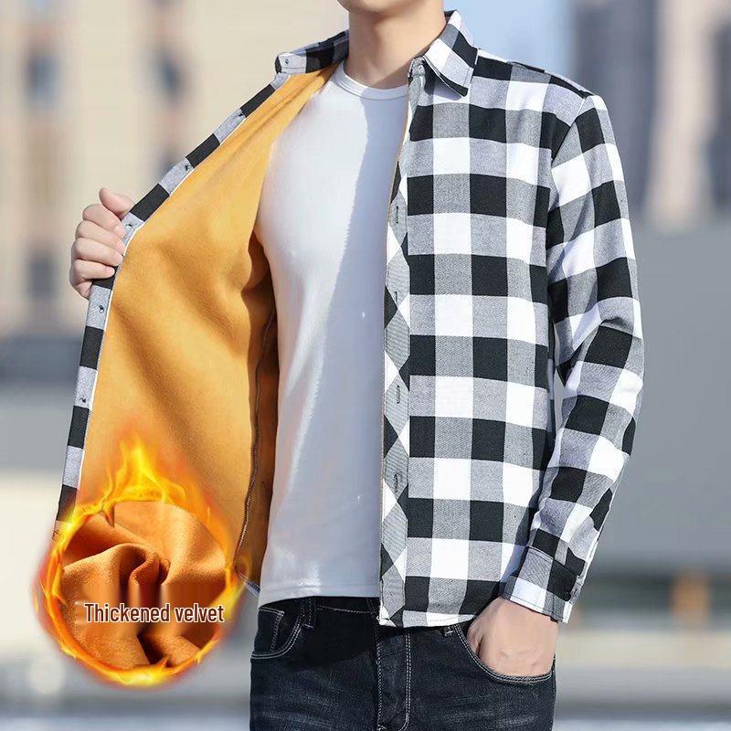 Men's Plush Thickened Long-Sleeve Plaid Shirt - Korean Winter Style