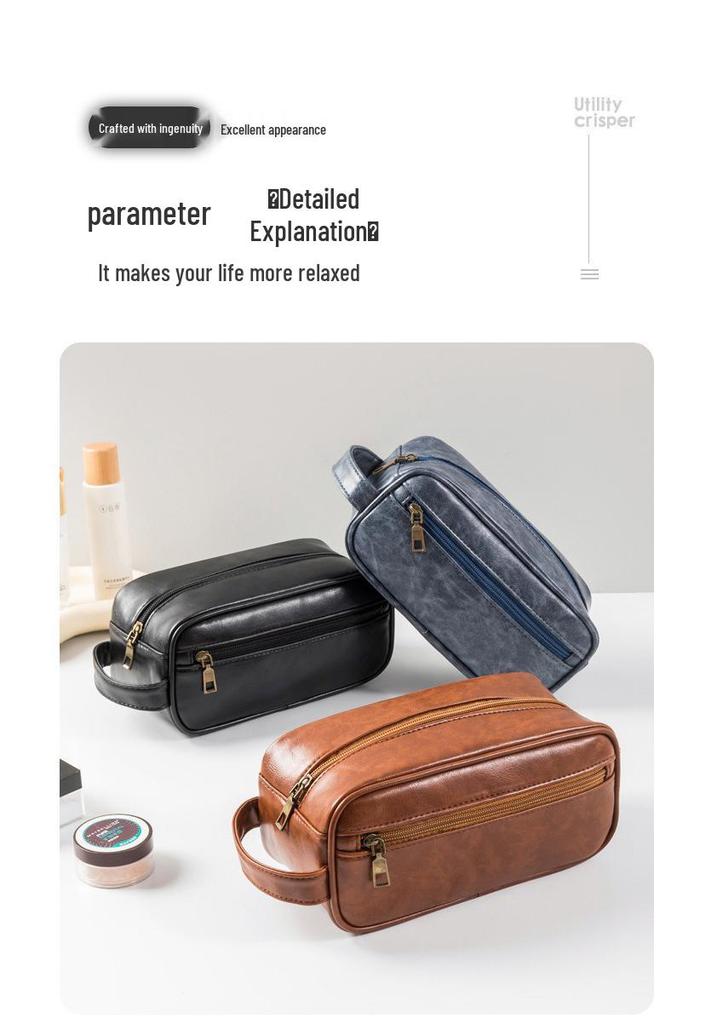 Men's Luxury PU Leather Makeup Bag - Large Capacity, Handheld, Elegant Wash Bag