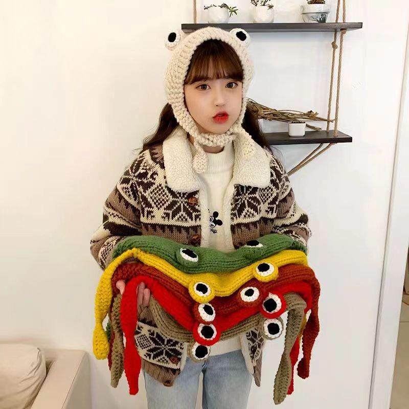 Women's Cute Frog Knitted Wool Hat with Ear Protection - Trendy Korean Style for Autumn/Winter