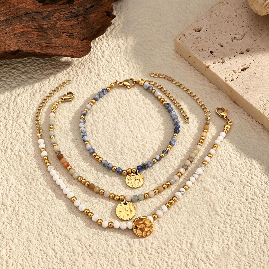 European and American retro natural stone beaded beating pattern pendant bracelet women's stainless steel gold-plated ethnic style niche hand jewelry