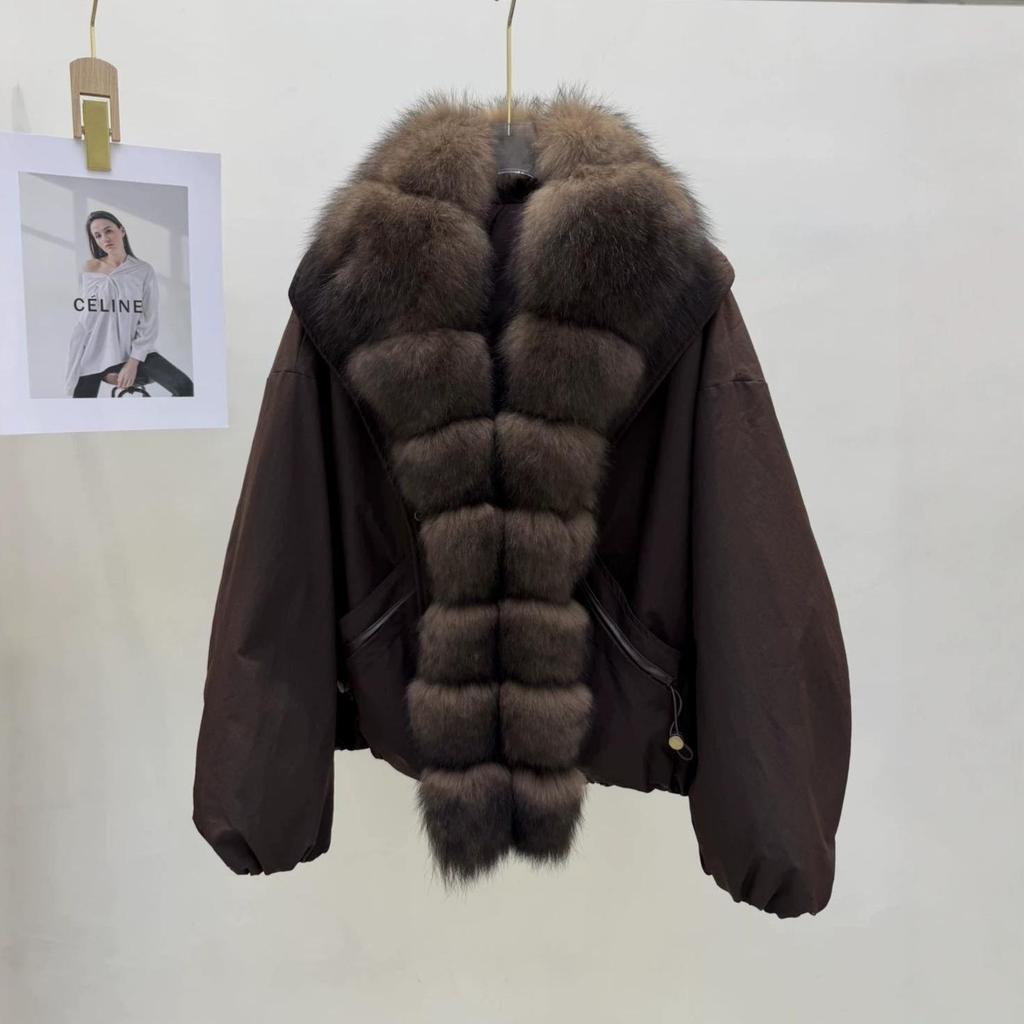 Women's Fashionable Down Jacket with Real Fox Fur Collar, Loose Fit, Thick and Warm Winter Outerwear.