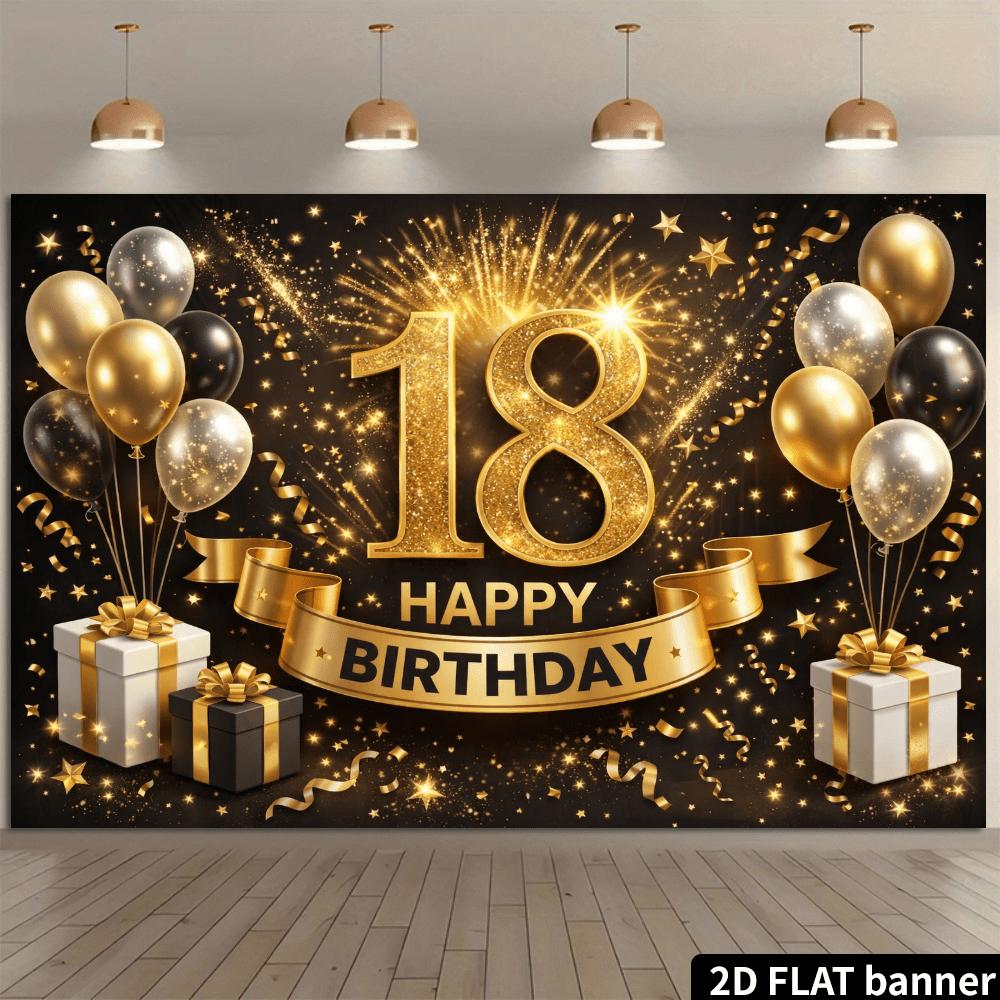 2D Black Gold Balloons 18th Birthday Backdrop Black Gold 18 Gold Black Gold Balloons Fireworks Stars Accent Polyester No Power Required For