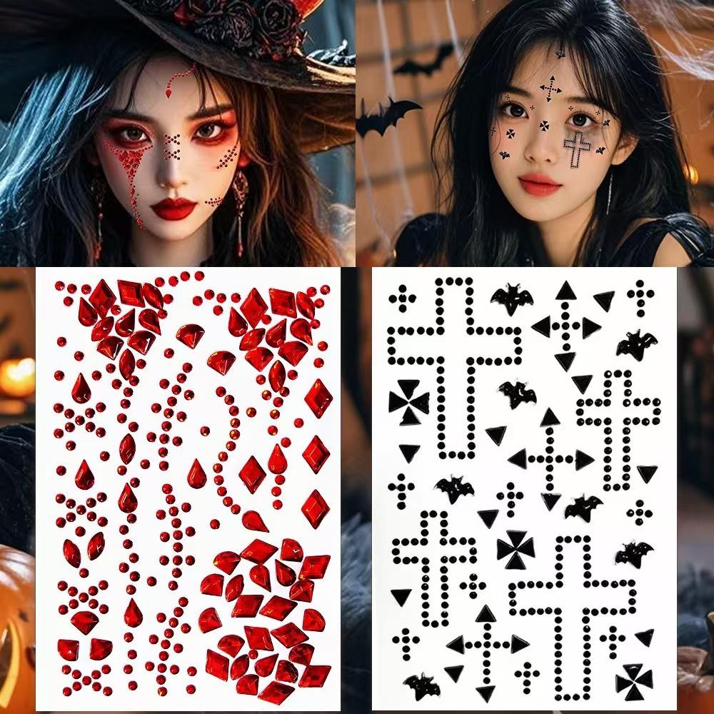 Halloween Face Stickers Diamond Red Black Broken Diamond Flashing Diamond Stickers Horror Simulation Fake Plasma Scar Scar Makeup