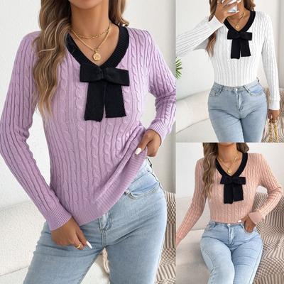 Casual European Style Solid Color Bow Twist V Neck Long Sleeve Sweater For Women
