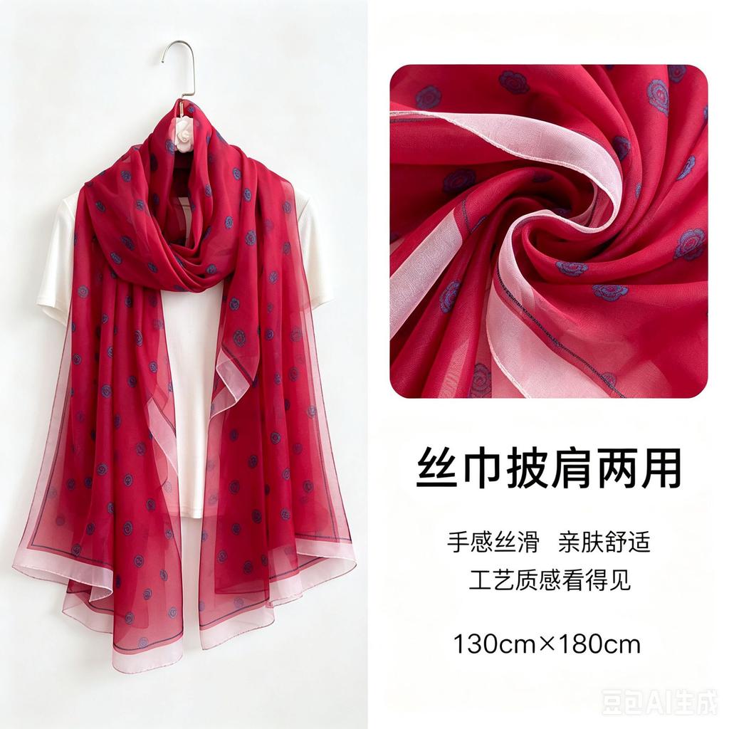 Summer new soft yarn silk scarf large size printed beach scarf rose travel vacation sunscreen scarf spot
