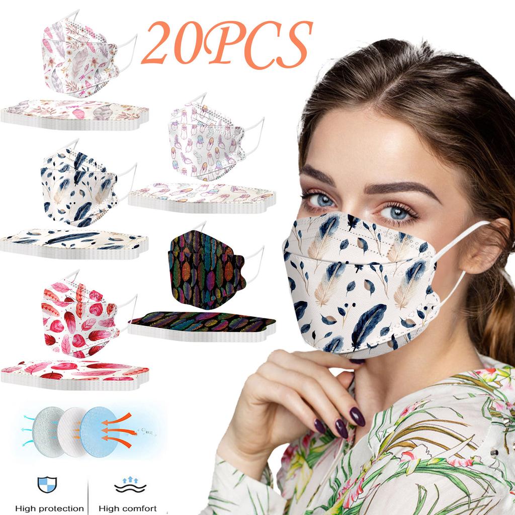 20PCS Unisex Adult Feather Print Outdoor Mask Protective Disposable Face Mask