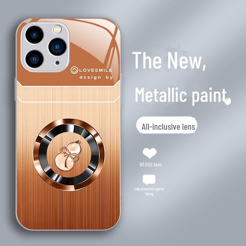 Luxusní pouzdro z tekutého skla Wood Grain pro Apple X/XS, 13Pro, 12/11, XR, XS Max a SE – ochrana proti pádu s designem Good Luck Gourd.