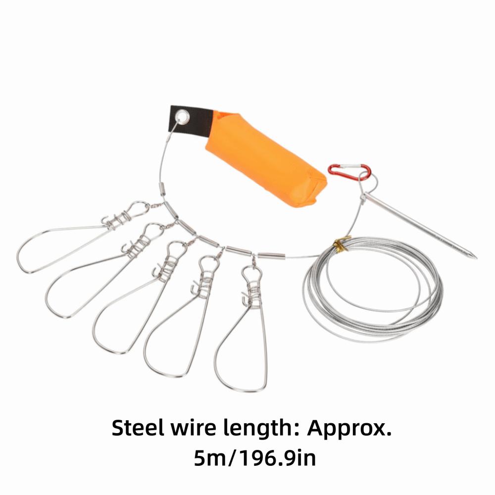 Portable Stainless Steel Fish Stringer with 5 Buckle Snaps 5m Length Fishing Lock Cable Orange Fishing Stringer Sea Fishing