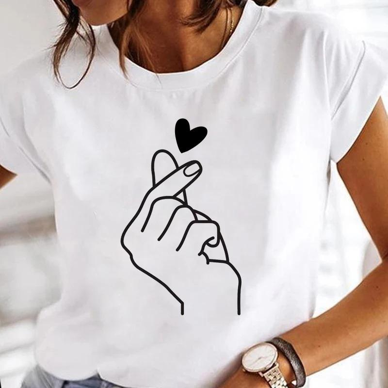 Comfortable Fabric TShirt Womens Summer Shortsleeve Shirt Tops Crew Neck Top Heartbeat Pattern Print Clothes Tops