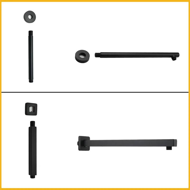 Black G1/2 Round/Square Shower Arm Bathroom Stainless Steel Ceiling Wall Mount Fixed Shower Bracket Faucet Replacement Parts