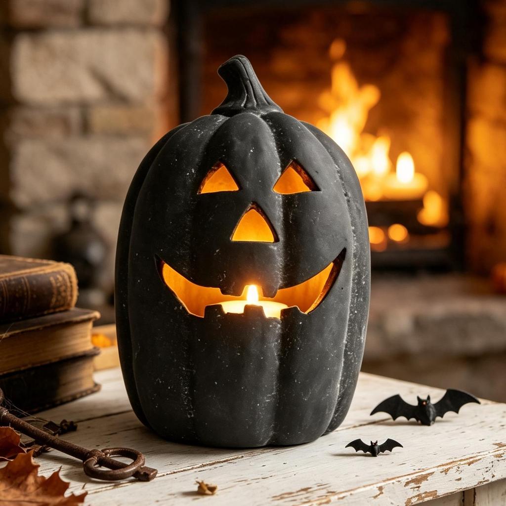 Černá pryskyřičná dýňová lucerna se svíčkou, Strašidelná Halloweenská socha, Podzimní dekorace pro vnitřní i venkovní použití, Veranda