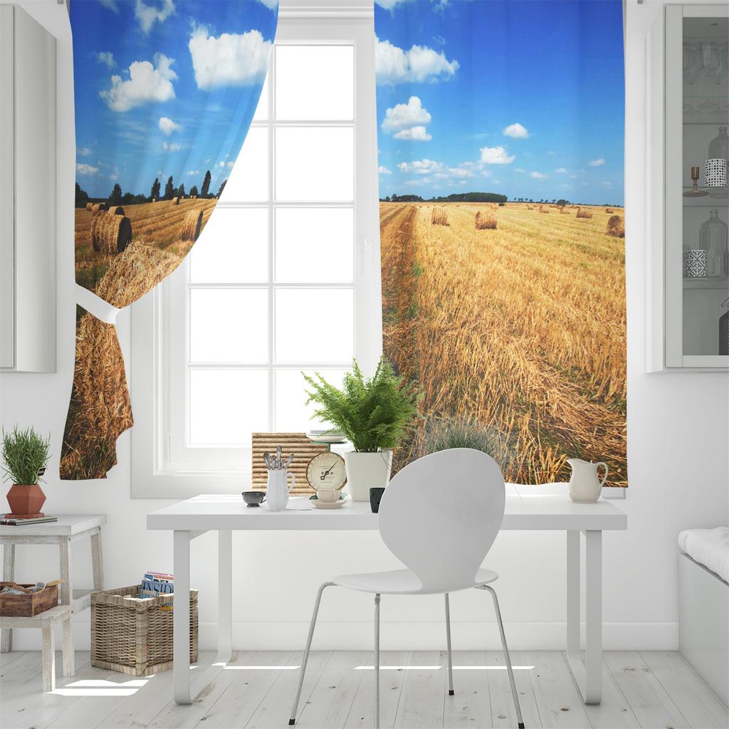 Bauernhof Herbst Blauer Himmel Weiße Wolken Bäume Landhaus Fenster Vorhänge Landschaftliche Vorhänge für Wohnzimmer Dekorative Gegenstände Wohnzimmer