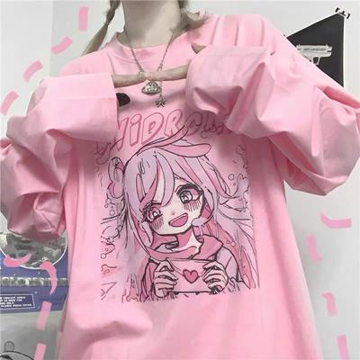 Ropa informal japonesa de dibujos animados para chicas dulces, camiseta informal Kawaii divertida rosa Harajuku, camiseta estampada elegante holgada de verano para mujeres