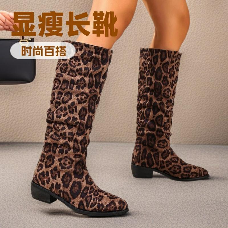 Women's French Style Retro Mid-Chunky Heel Boots, Leopard Print Knee-High Fashion Boots, Plus Size Fall Winter Shoes