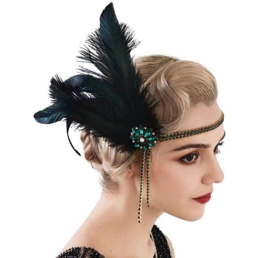 Water Diamond Feather Headwear 1920s Rhinestone Headpiece Chain Vintage Feather Hairband Ball
