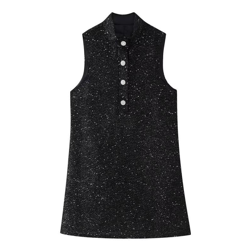 

European American Women s Clothing Fashionable Beaded Texture Sleeveless Short Dress XS чёрный