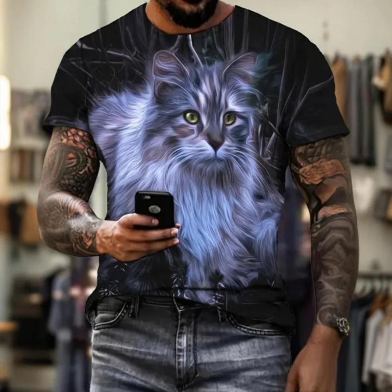 Men's T-shirt Outdoor Casual Summer Round Neck Tops Short Sleeve 3D Cat Printed Pattern Polyester Loose Men's Clothing