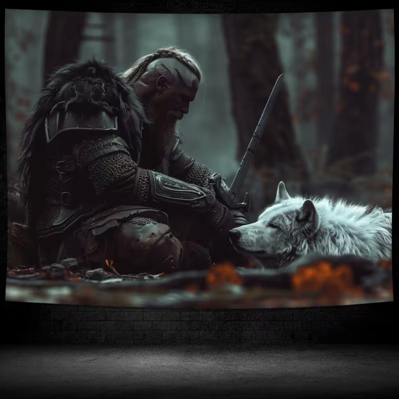 2D Norse Mythology Warrior & Wolf Tapestry Dark Fantasy Art Wall Decor Cloth for Home & Bedroom