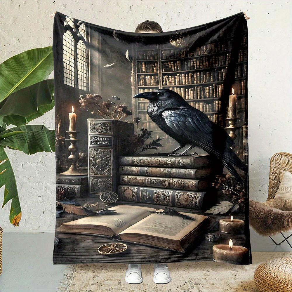 [Cozy Medieval Print Throw] Soft Flannel Medieval Black Crow & Magic Books Print Throw Blanket - All-Season Comfort for Couch 75X95CM