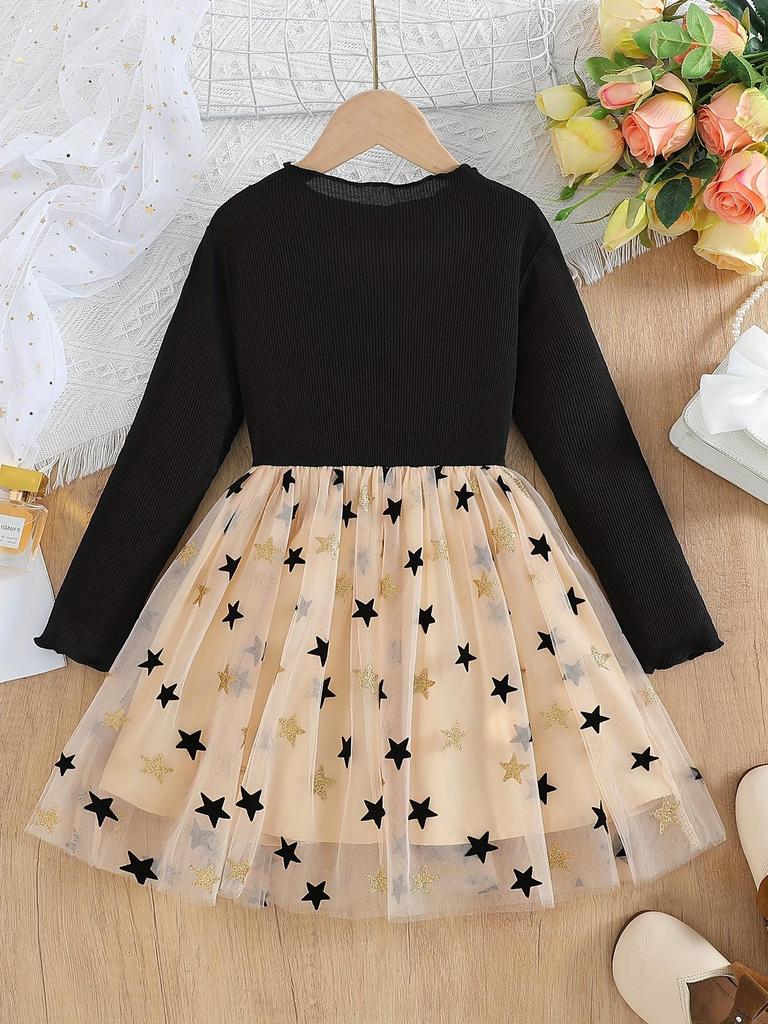 Girls Long Sleeve Star Tulle Dress Kids Spring Autumn Princess Tutu Dress