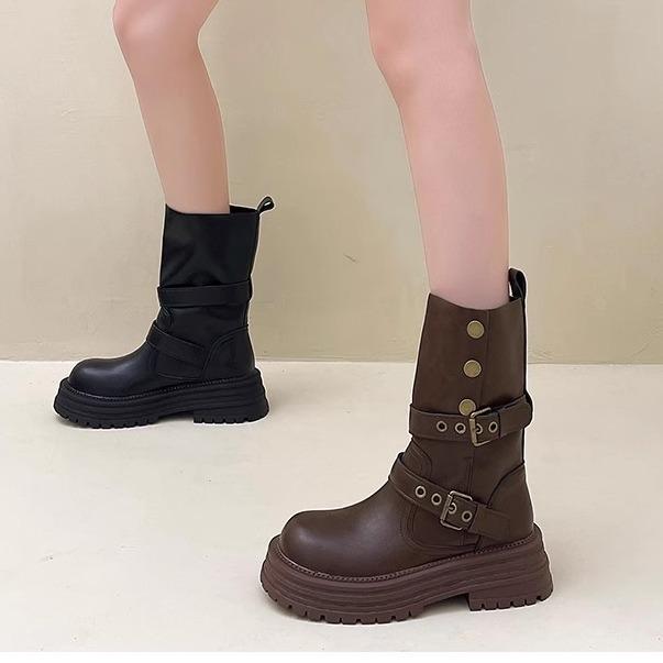 British style versatile retro Martin boots women's 2024 autumn and winter new models can be folded Western denim thick heel medium tube short boots