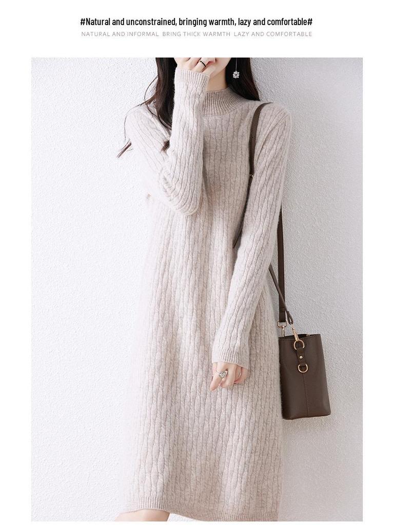 Women's High Neck Knitted Wool Dress - Slimming and Warm for Autumn/Winter