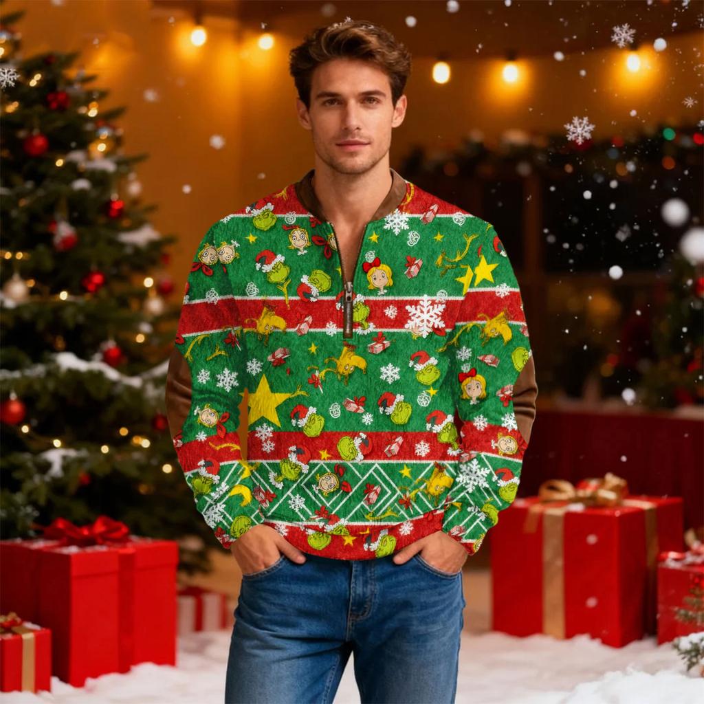 Men's Casual Cartoon-printed Semi-zipper Flannel Retro Long-sleeved Sweatshirt