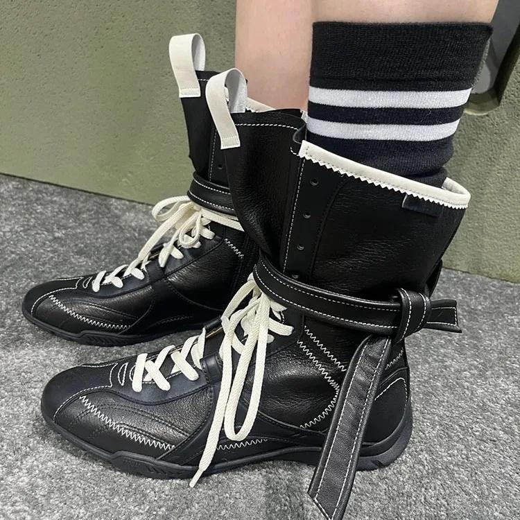 Fashionable Soft Leather Mid-Calf Boxing Boots Women's Hot Sale Of The Season New Retro Style Increased Height PU Lined Flat Bot