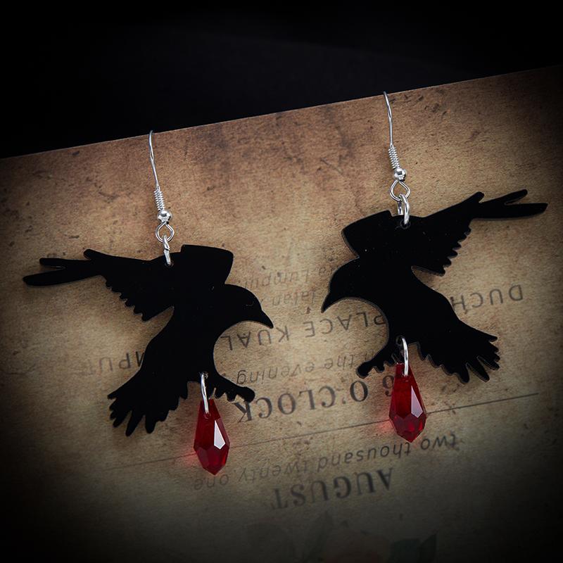 Gothic Black Romantic Crow Dangle Drop Earrings for Women Dark Halloween Zircon Girls Cool Fashion Accessories