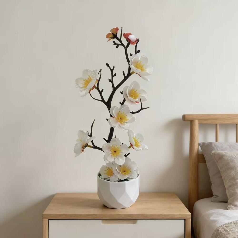 Small Fake Wintersweet Flower Bonsai with White Pot Artificial Faux Plants Indoor Decoration
