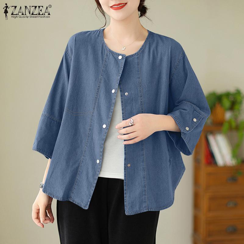 

ZANZEA Женская повседневная джинсовая блузка с круглым вырезом и рукавами 3/4