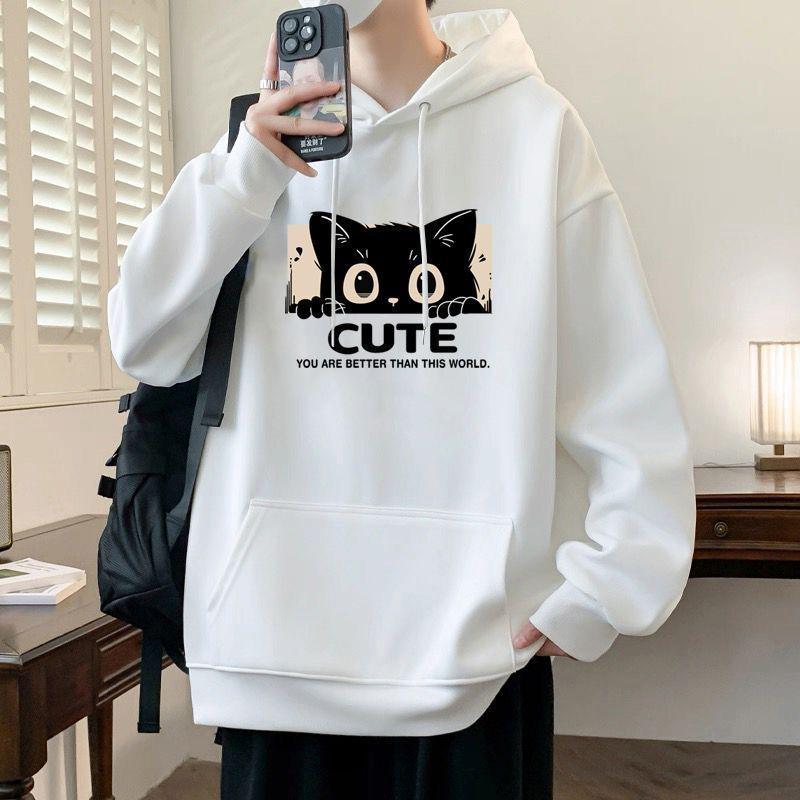 Унисекс Утепленный Хлопковый Худи на Флисе с Принтом Котенка - Свободный Крой для Осени/Зимы 5XL