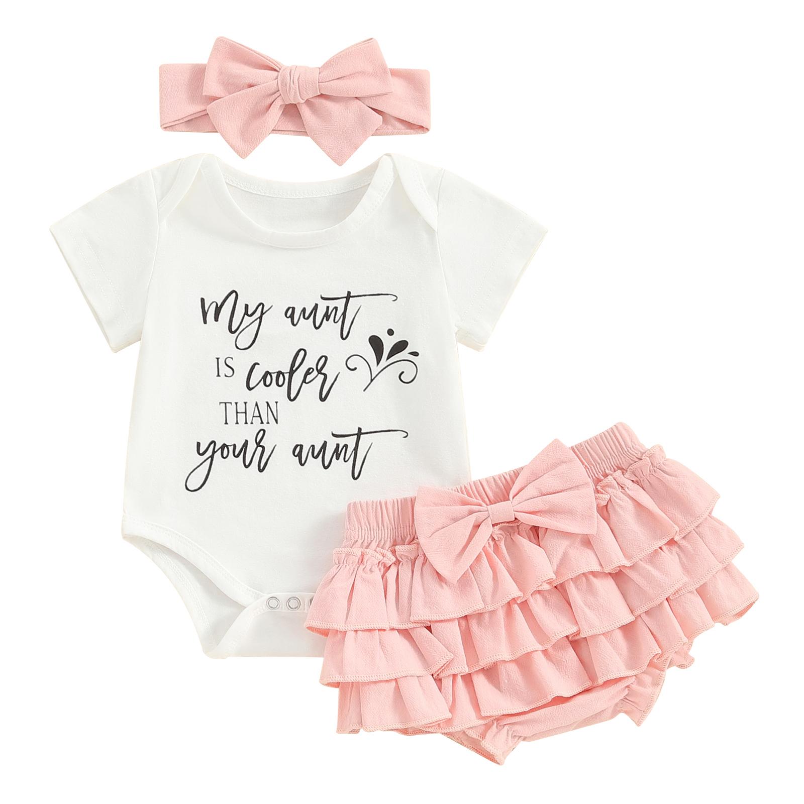 

Летний комплект для девочки, комбинезон с короткими рукавами и буквенным принтом + шорты с оборкой на резинке + повязка на голову, комплект из 3 предметов для малышей 6-12 Months белый