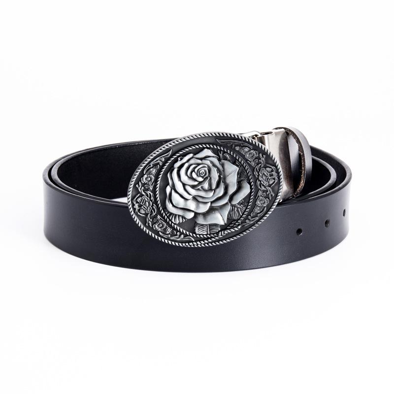 Rose-Shaped Waistband Leather Belt with Floral Pattern - Nightclub Single Loop Pants Accessory