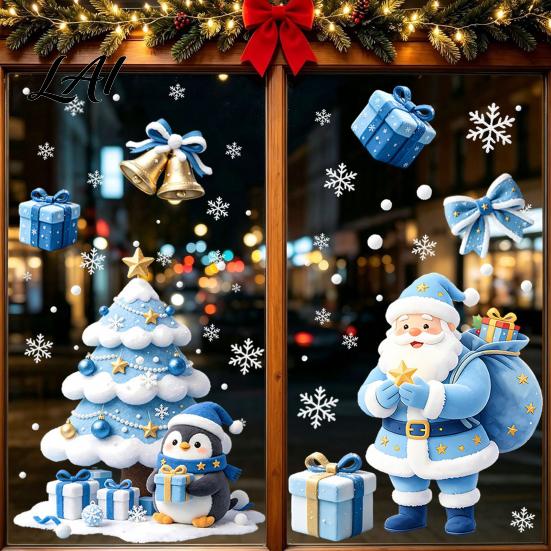 Indoor Outdoor Holiday Stickers Christmas Tree/Santa Claus Window Clings Blue PVC Waterproof Static Glass Stickers Tree Clings Winter Wall