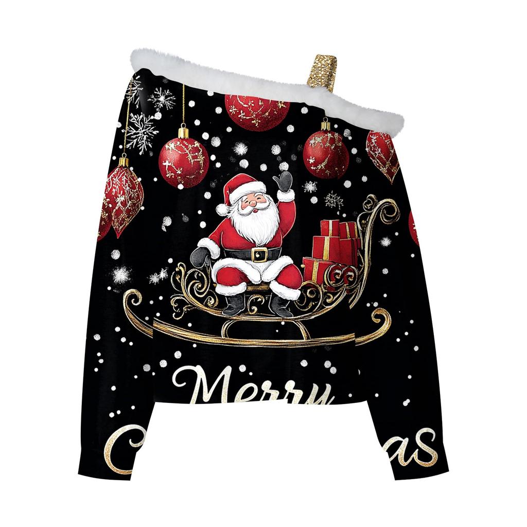 Kadın Günlük Uzun Kollu Omuzdan Askılı Noel Baskılı Peluş Moda Üst