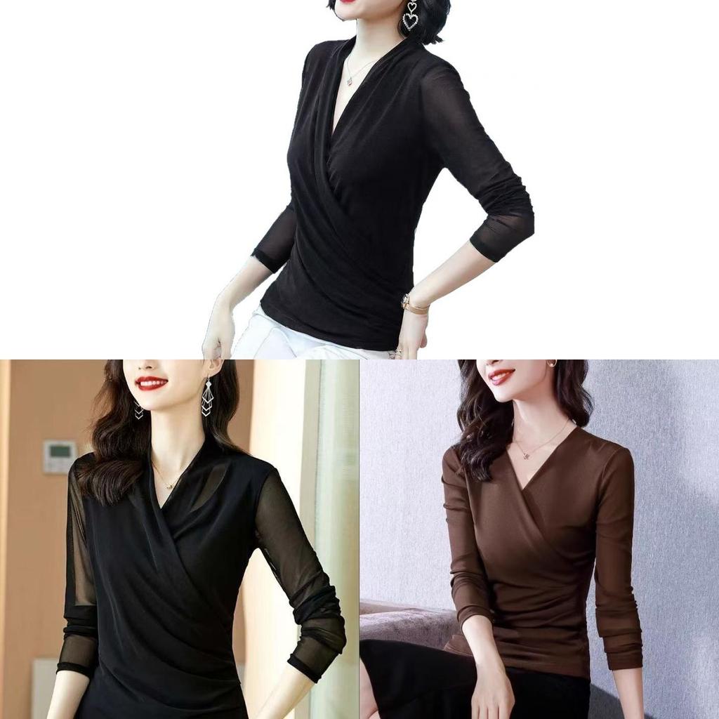 Elegant Womens V Neck Mesh Long Sleeve T Shirt With Spliced Design For Casual Wear