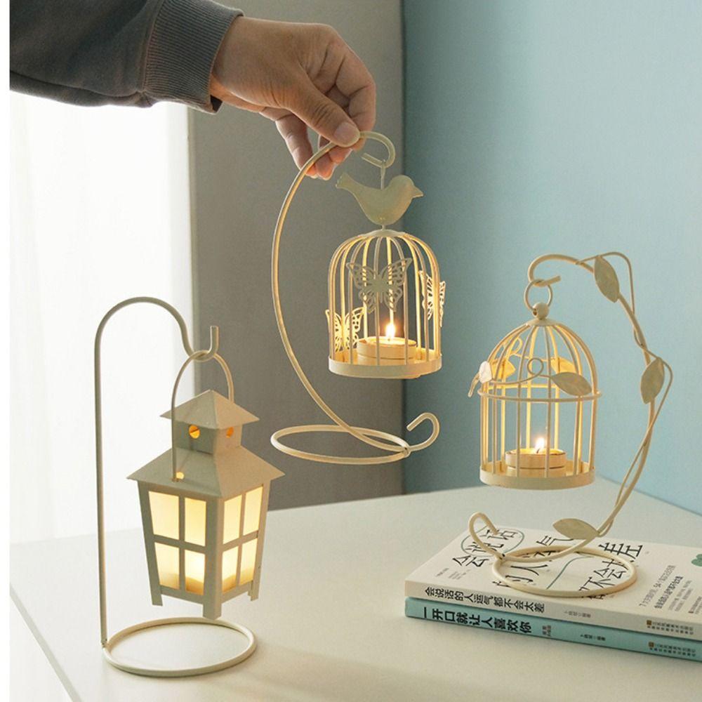 Iron Craft Birdcage Candle Lamp Suspension Design Black Leaf Candle Holder Hollow White Iron Candlestick Ornaments Wedding