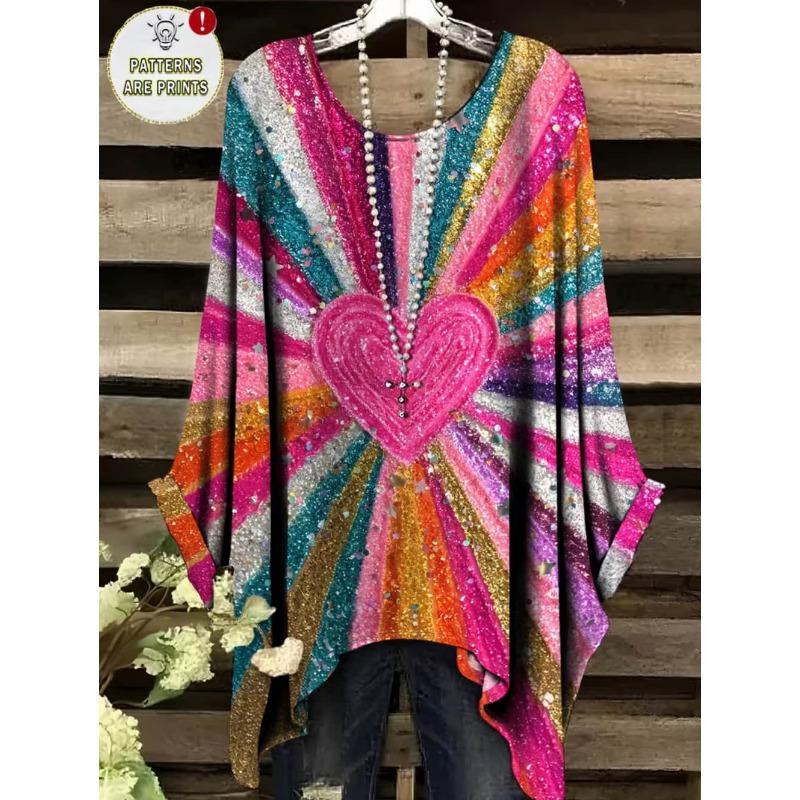 Damen T-Shirts Regenbogen gestreift Herzmuster Rundhals-Tees Vintage Asymmetrischer Saum Rundhals-Oberteile Vielseitige Lockere Damenbekleidung