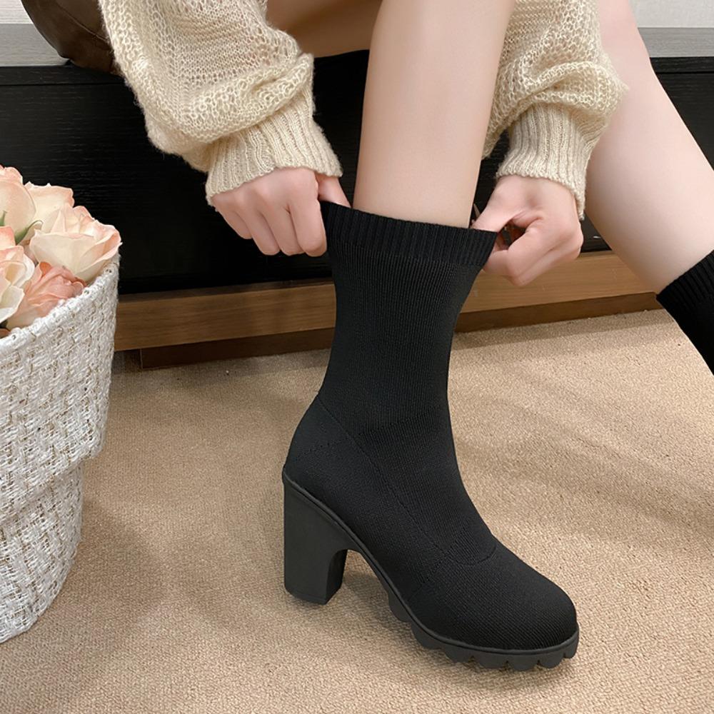 Classic Minimalist Solid Color Elastic Sock Boots For Women'S Autumn Elegant High Heels, Slip On Elastic Knitted Ankle Boots