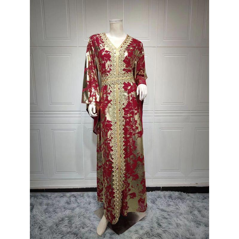 

New Arrival Ethnic Style V Neck Bronzing Bell Sleeve Belt Dress V-Neck Flared Sleeve Dress Red XL